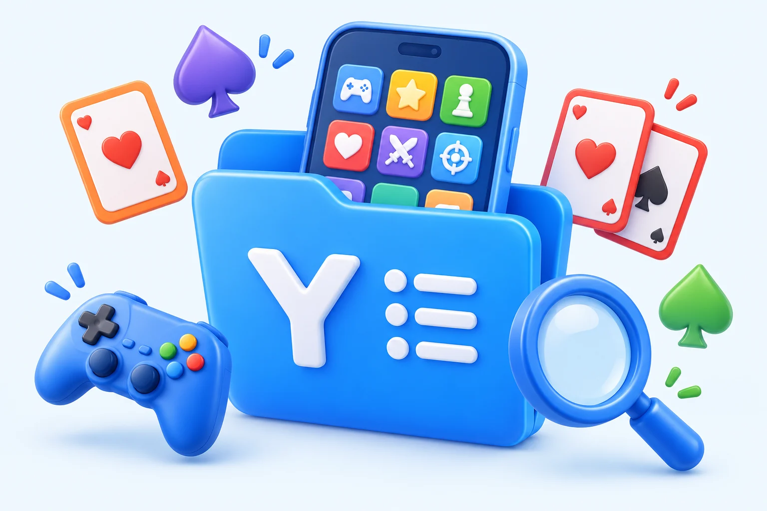 Original blue directory folder illustration with colorful game symbols and an Android phone